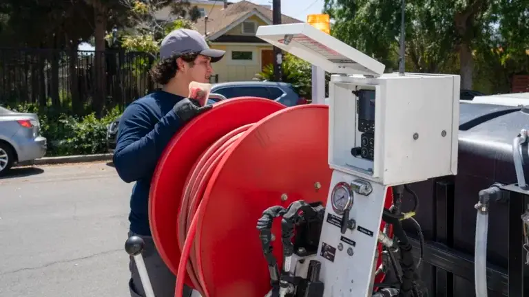 Technician preparing a hydro jetting hose on a plumbing service truck