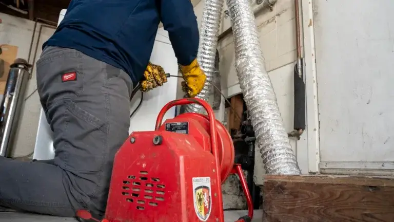 Technician working with drain snake near wall pipes and vent ducts