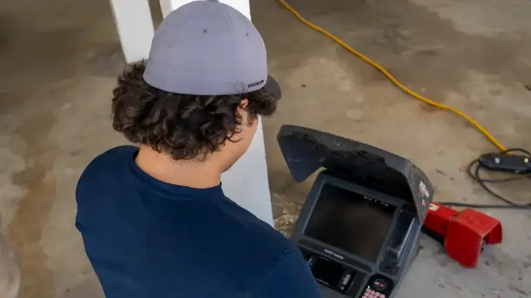 Technician reviewing a plumbing camera inspection monitor. Do I need a sewer line repair?