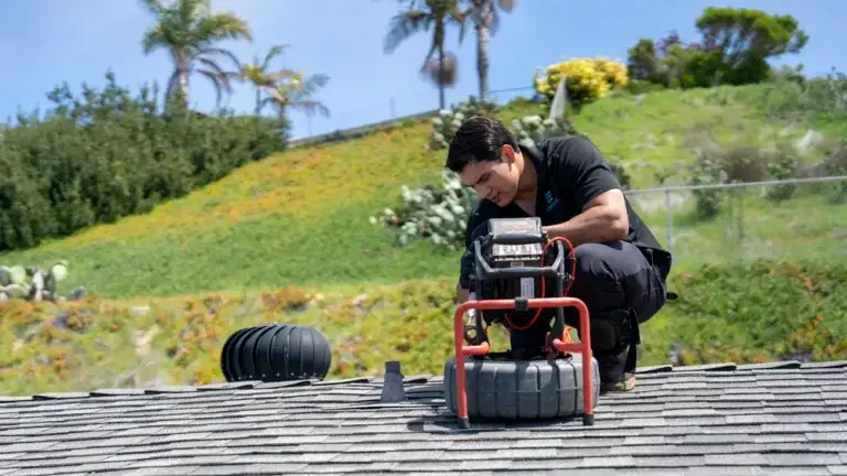E-Drains technician operating a sewer camera system on a residential rooftop