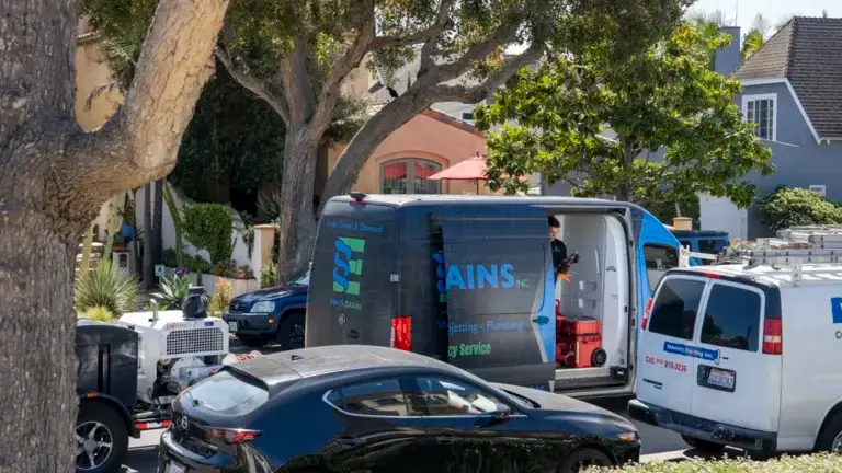 E-Drains On Site with van and hydrojetting system in residential neighborhood