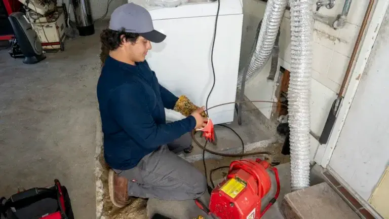 Technician feeding drain snake into wall near laundry area